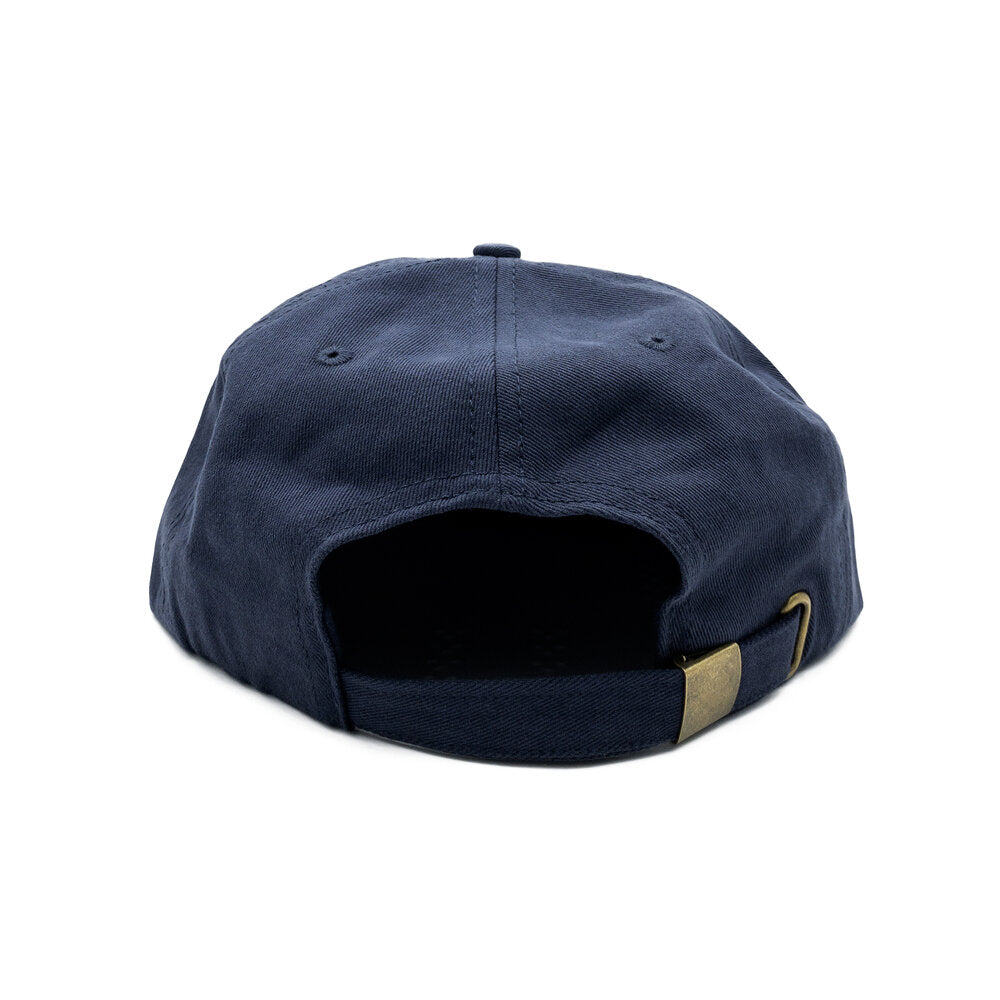 Free & Easy navy hat with white embroidered Don't Trip logo on white background, back - Free & Easy