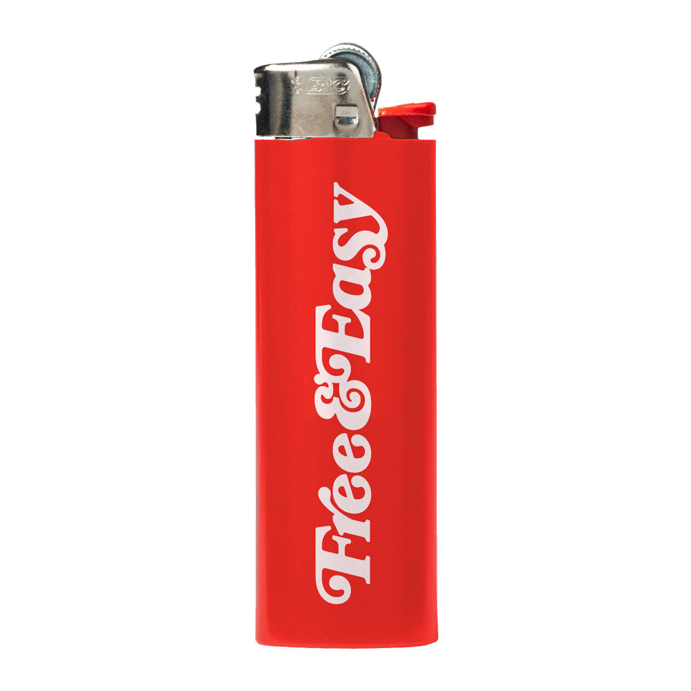 Red lighter with white Free & Easy graphic on a white background -Free & Easy