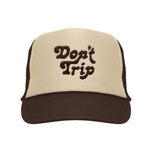 Don't Trip Embroidered Trucker Hat in tan and brown with brown Don't Trip embroidery on a white background -Free & Easy