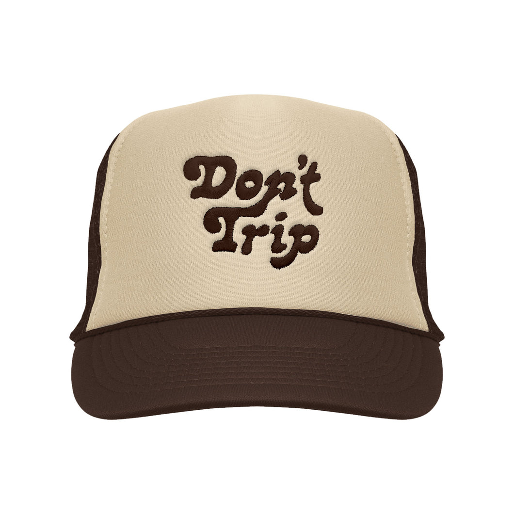 Don't Trip Embroidered Trucker Hat in tan and brown with brown Don't Trip embroidery on a white background -Free & Easy